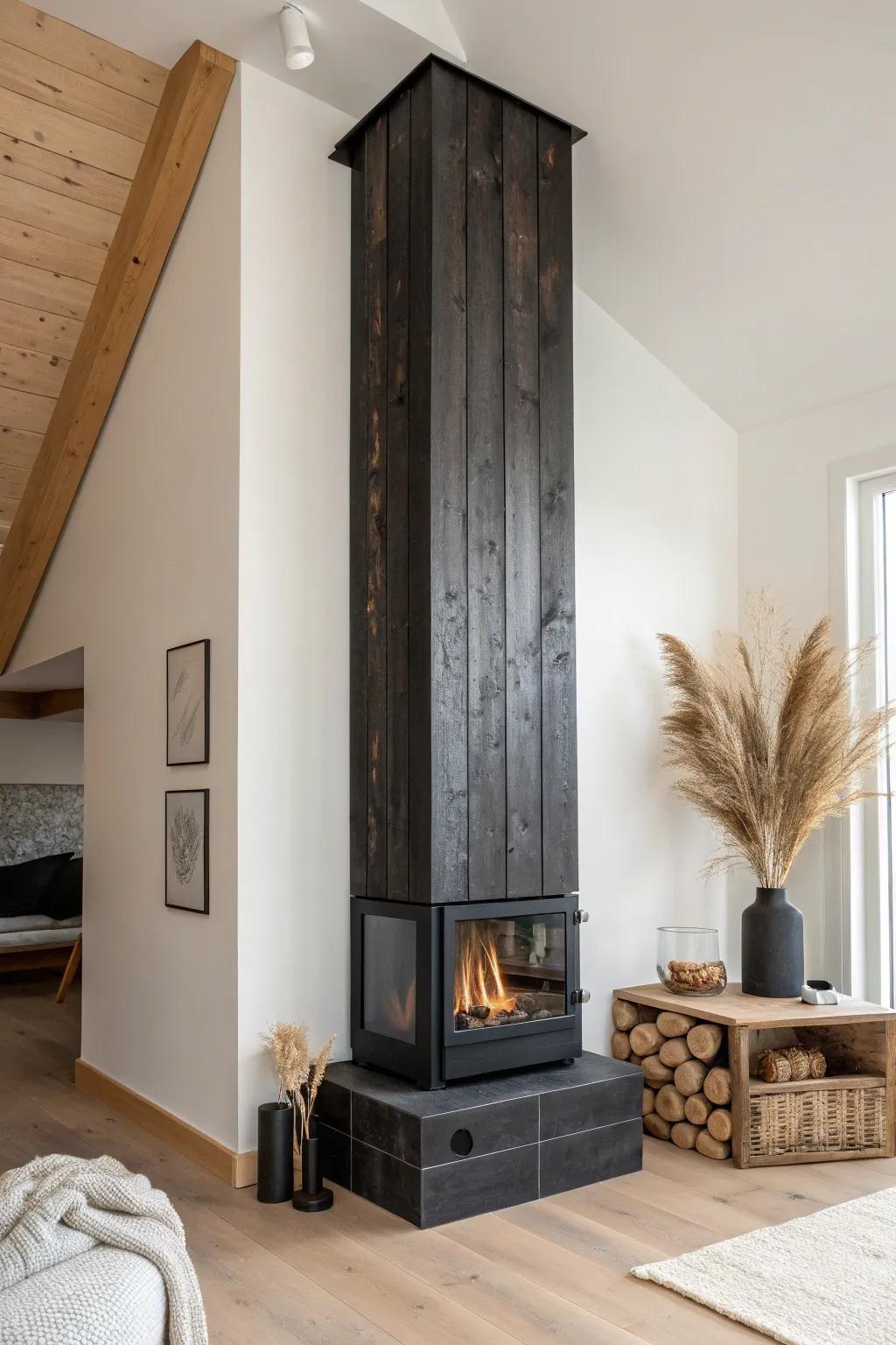 Dramatic tall chimney in charred wood—modern, graphic contrast with natural grain warmth.