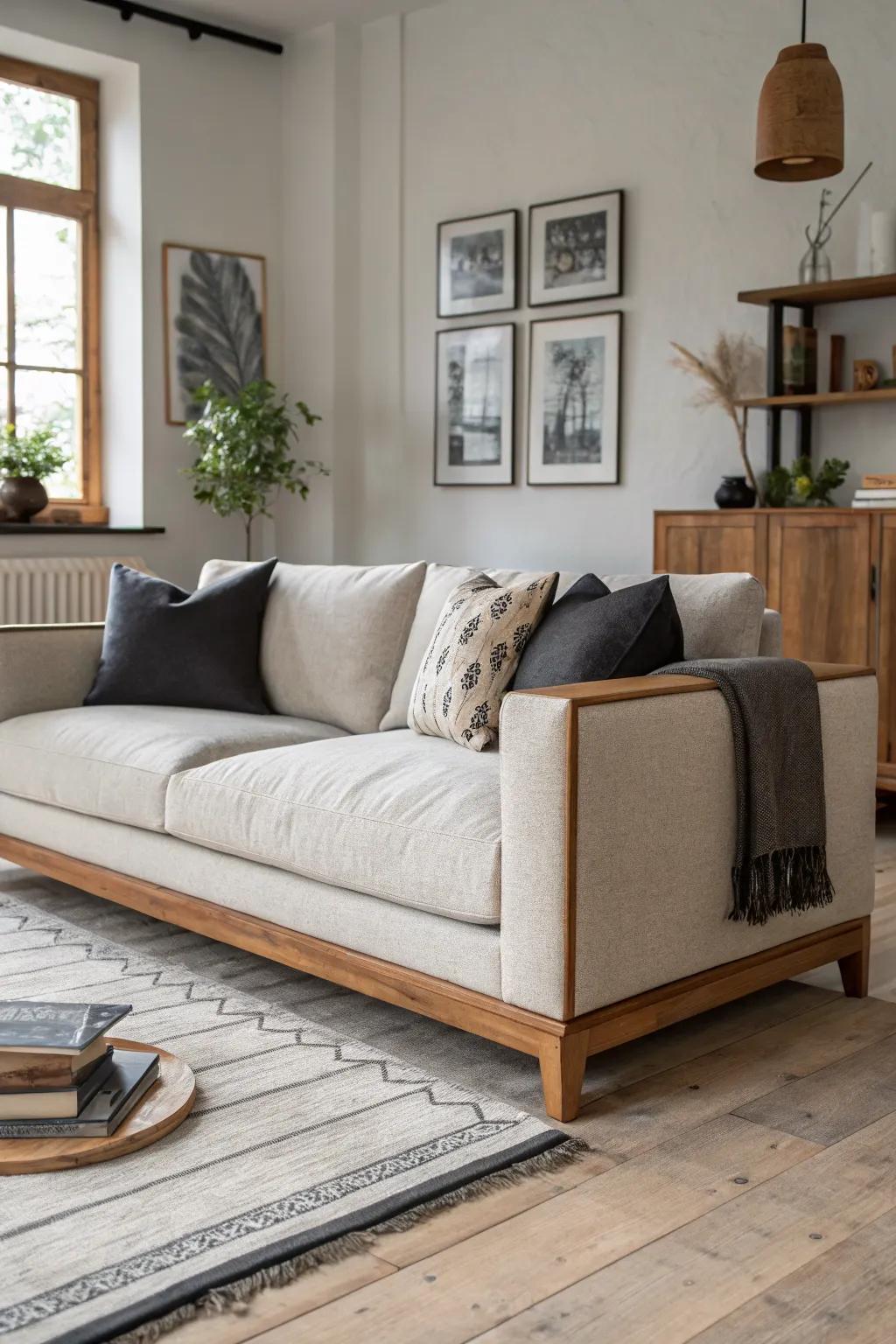 Two-tone modular couch covers: light center modules, darker corners, warmed with oak accents.
