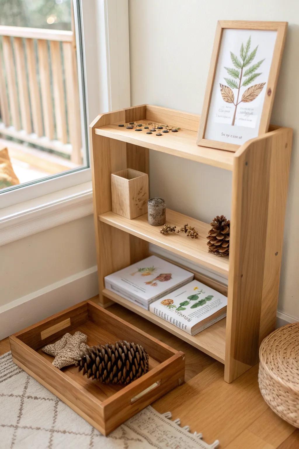 A curated Montessori theme shelf: one book + one nature object for calm, clutter-free beauty.