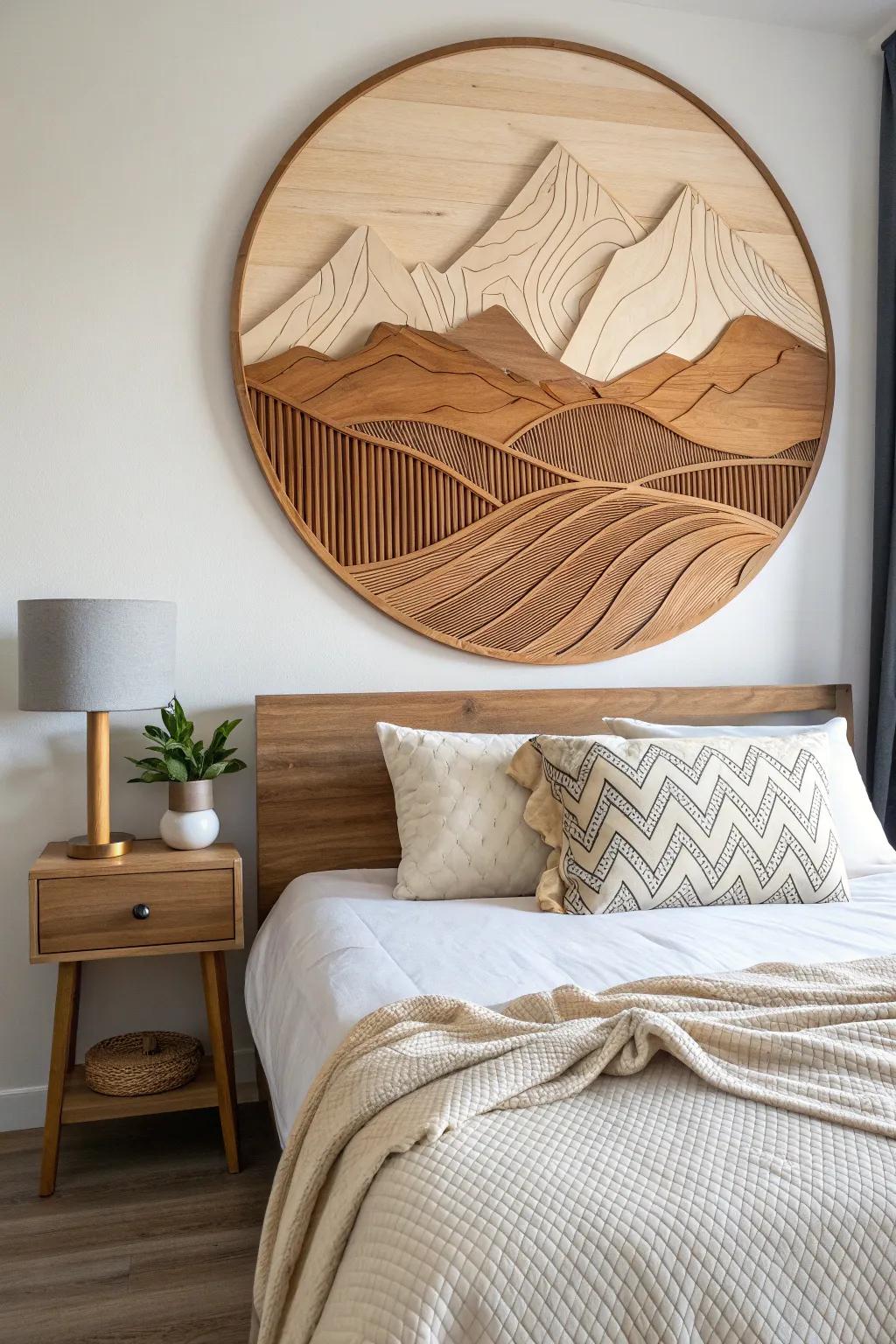 Handmade mountain wall art in warm woods—minimal, tactile, and perfect above the bed.