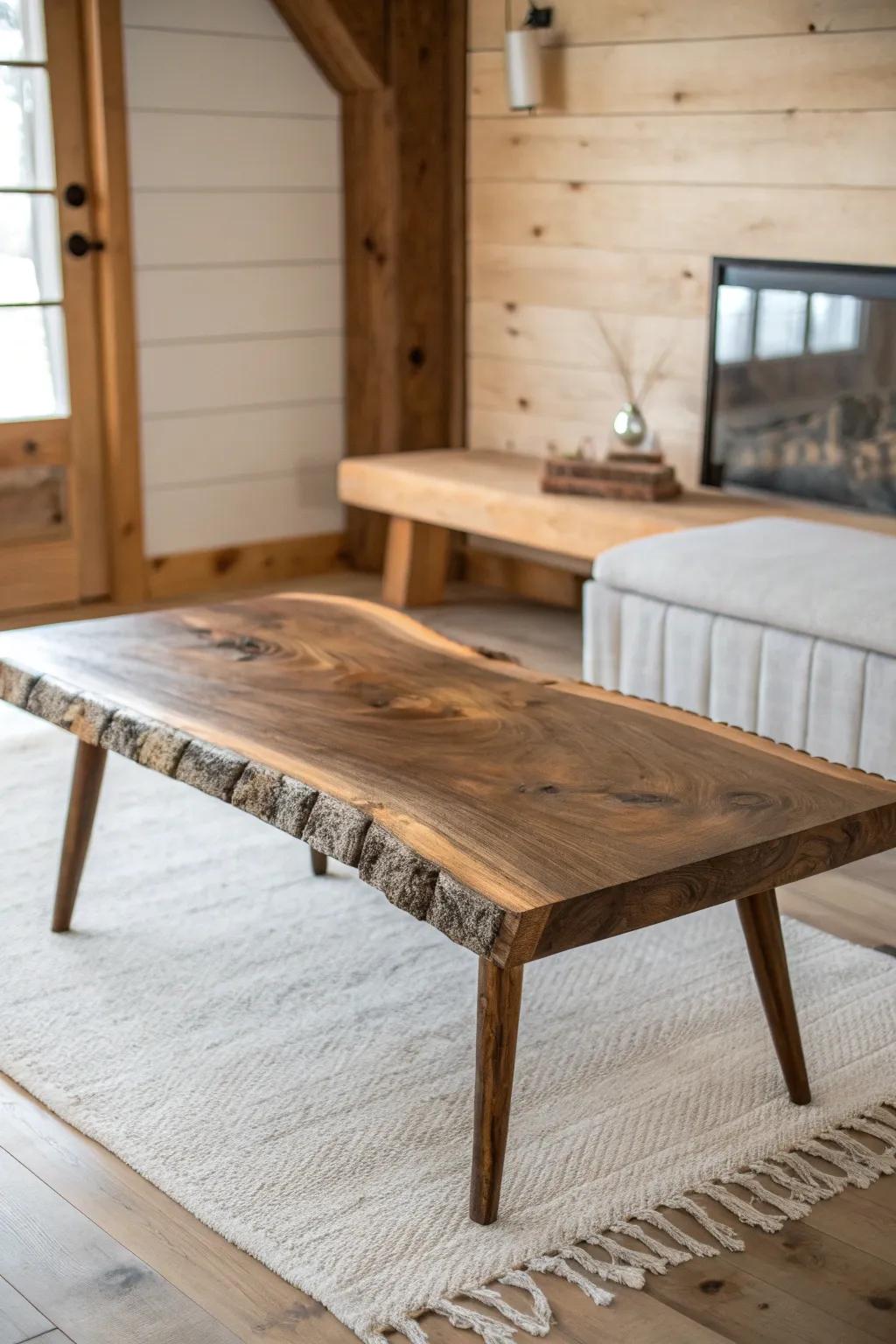 Live-edge slab coffee table centerpiece—super-matte finish, bold grain, instant mountain cabin charm.