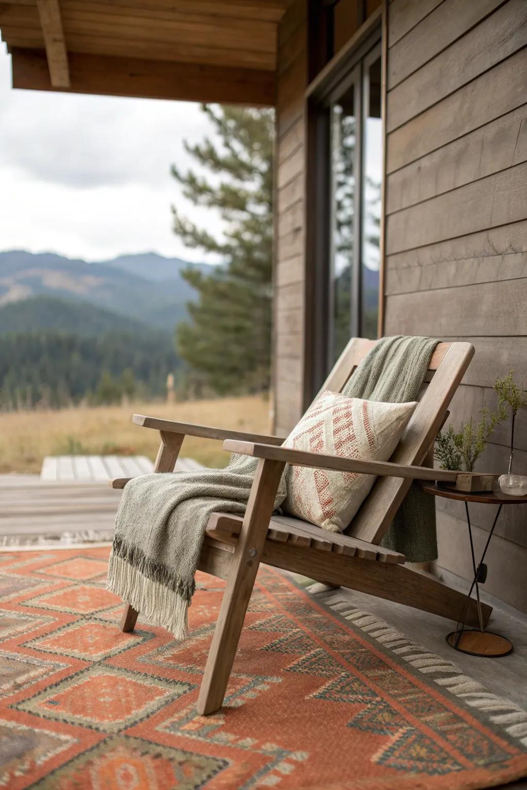 Weathered wood seating and earthy layers make the porch feel like part of the great room.