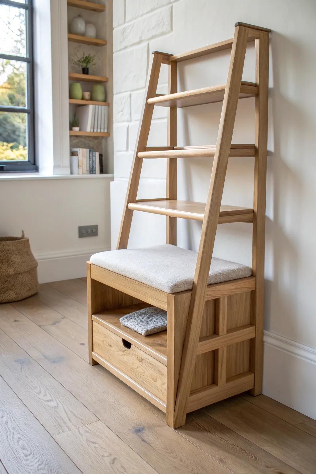 Stair-step shelving in warm oak doubles as seating—smart storage for awkward walls.