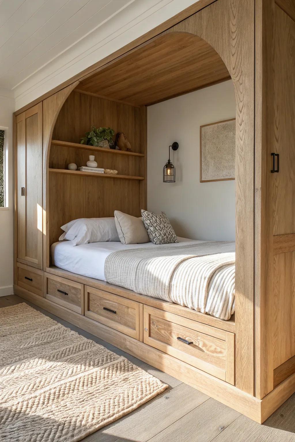 Built-in alcove bed charm—your own cozy nook with warm woodwork and minimalist calm.