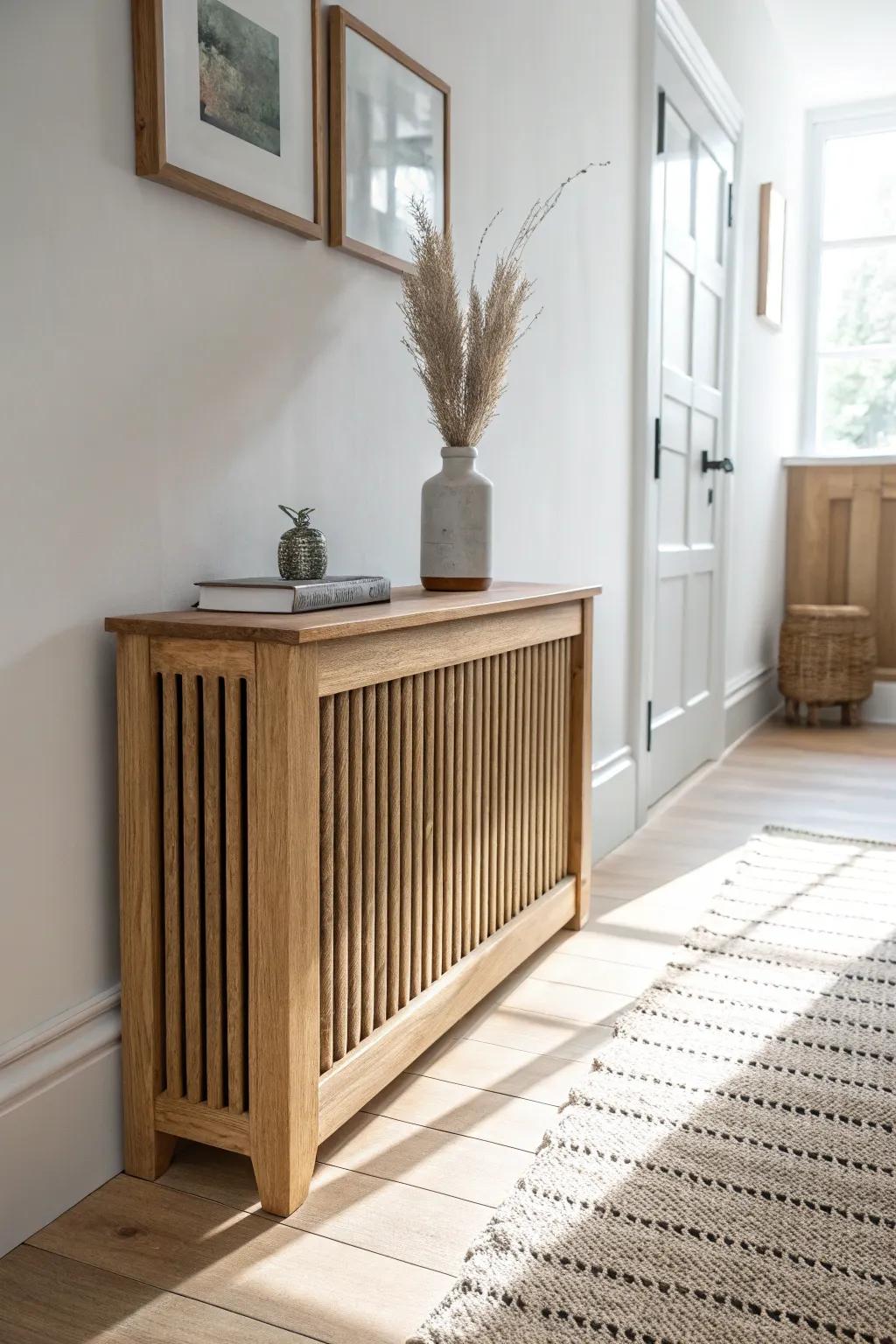 A slim oak radiator-cover console that turns dead hallway space into a warm landing zone.