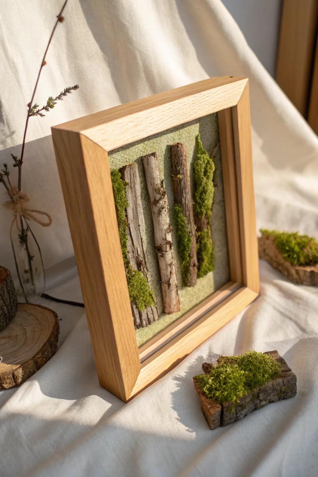Bark-and-moss shadowbox: a minimalist mini forest scene with warm, natural texture.