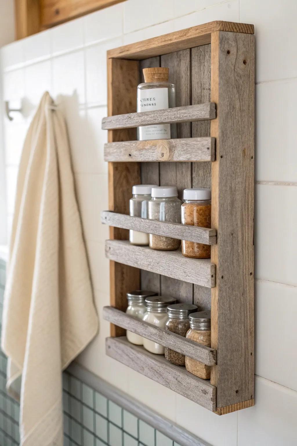 Reclaimed wood spice rack for a calm, natural kitchen—warm grain, clear counters, simple beauty.