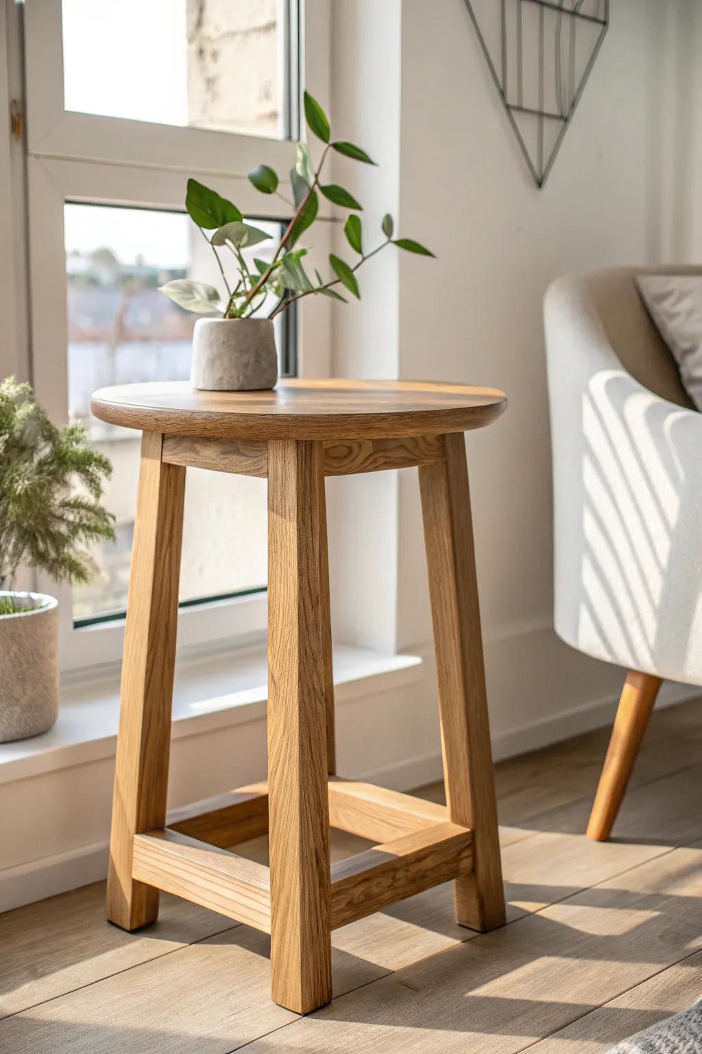 A sunlit oak side table that turns one window corner into a calm, biophilic getaway.