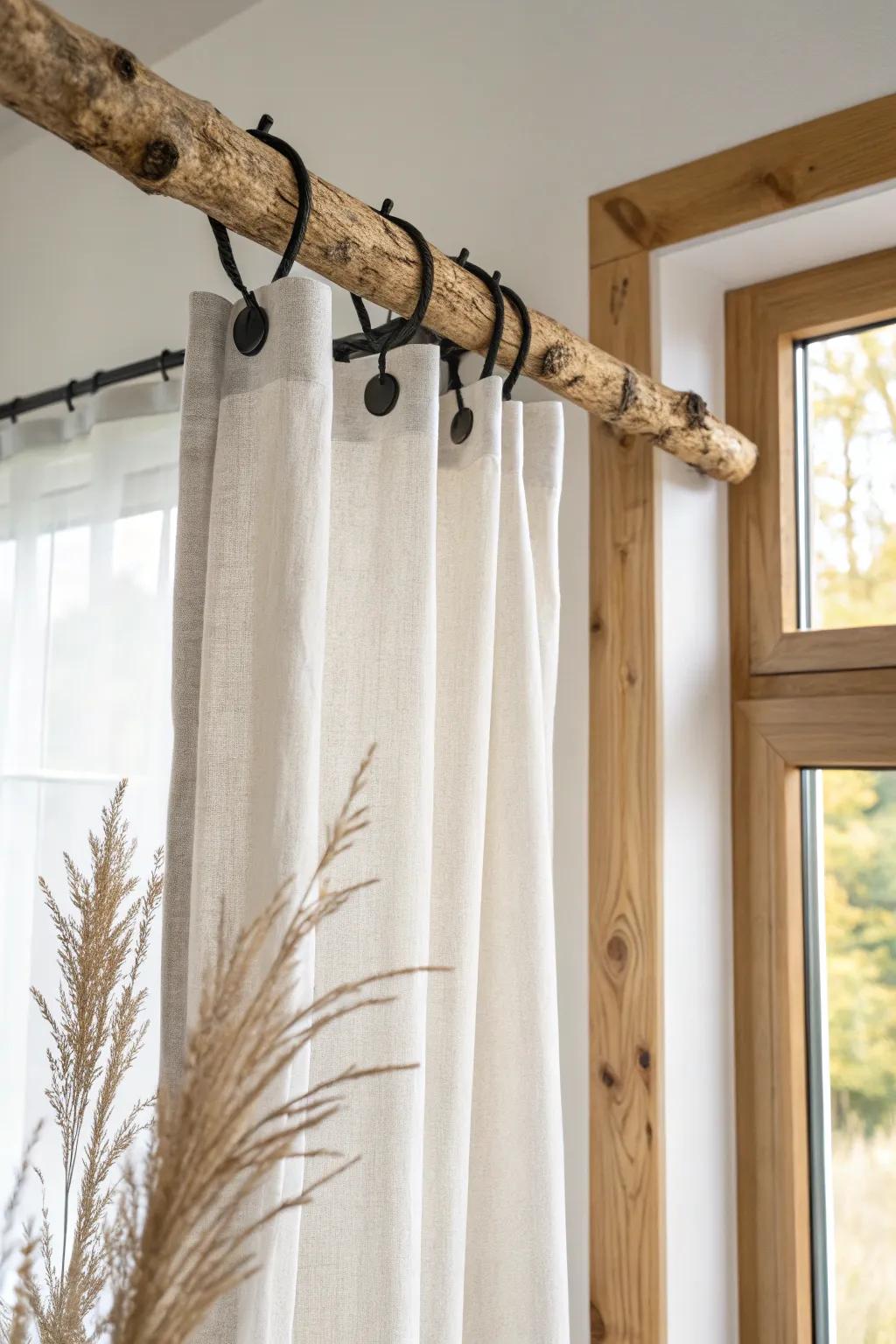 Branch-inspired curtain rod: a simple, organic swap that adds warmth and texture.