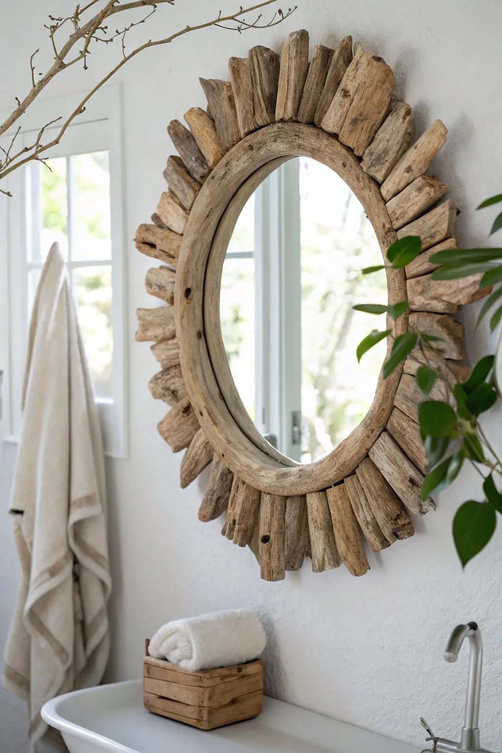 A driftwood mirror adds beachy texture and calm, handmade warmth to a minimalist bathroom.