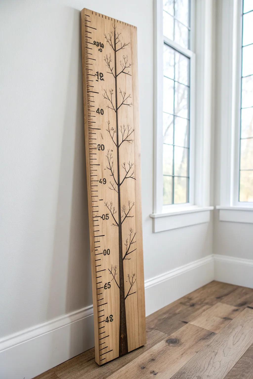 Cedar tree-trunk growth chart ruler with wood-burned rings and birthday branch markers.