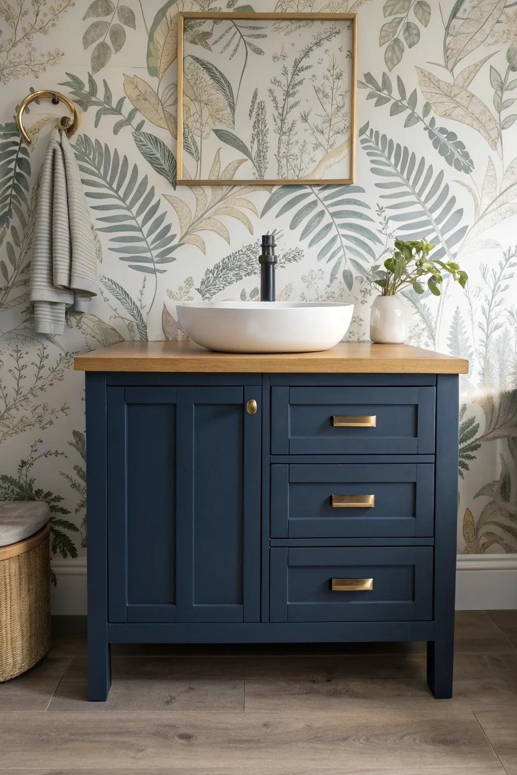 Navy vanity + bold wallpaper = a curated powder room with major Scandinavian-boho charm.