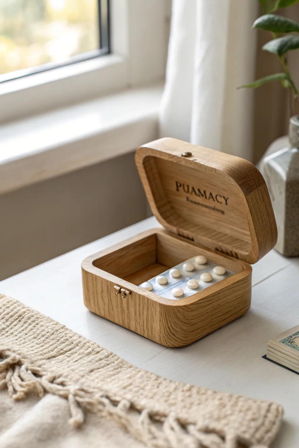 A tiny lidded “pharmacy” box keeps bedside meds contained—calm, clean, and beautifully organized.