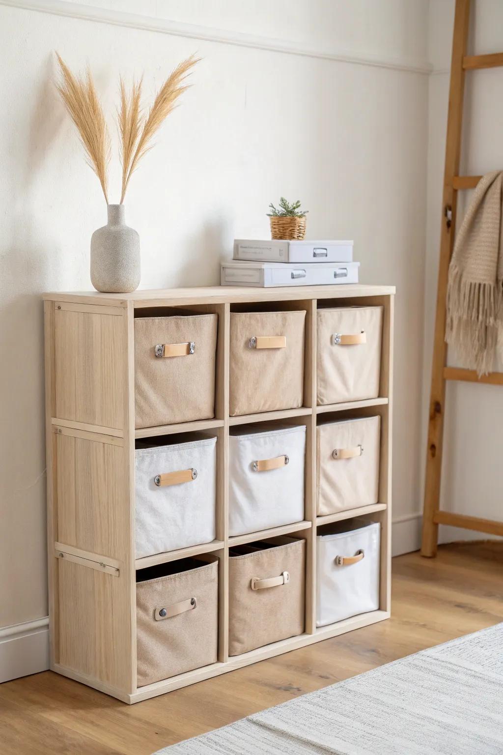Matching soft-tone bins transform a simple cube organizer into calm, high-end nursery storage.
