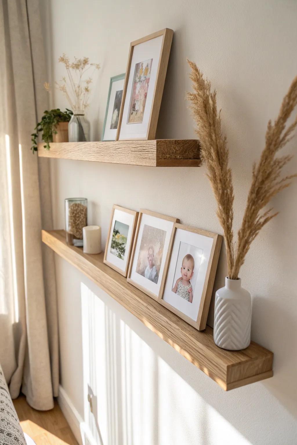 A light oak ledge shelf with framed baby photos—simple, warm nursery styling everyone loves.