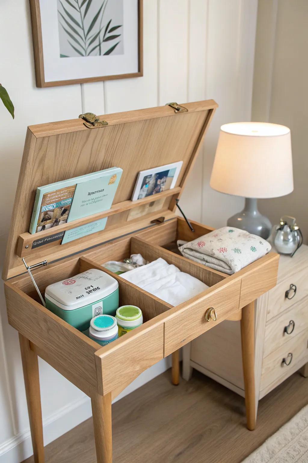 Flip-top side table with a hidden nursing kit—beautifully tidy, minimalist, and mom-ready.