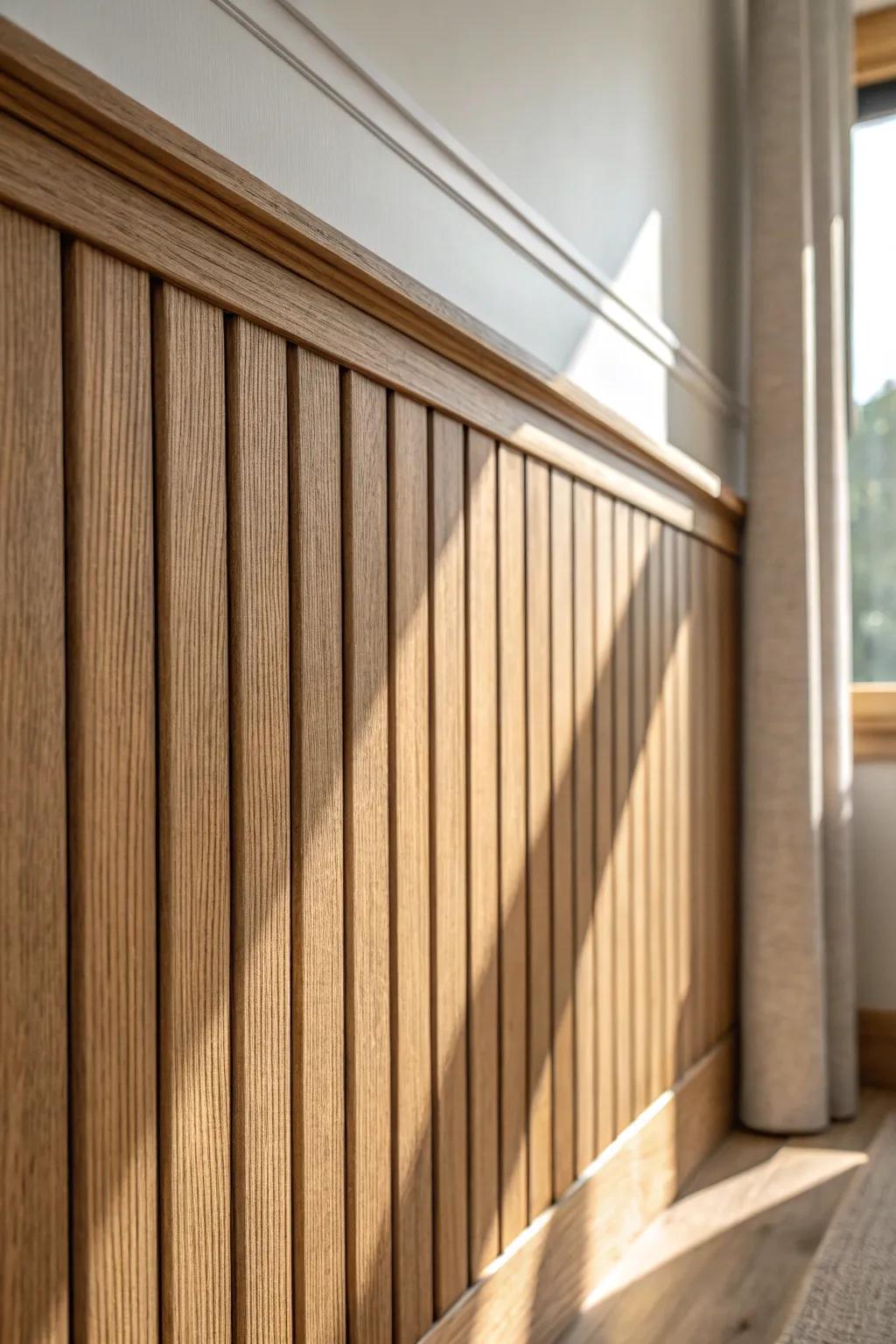 Slatted oak wainscoting with crisp shadow gaps for a modern, high-end light play.