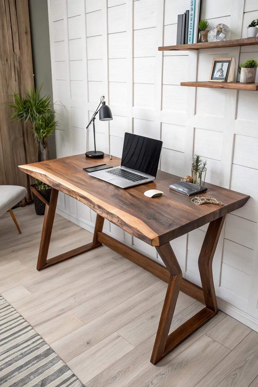 A live-edge desk with a resin inlay—Scandi calm with a handcrafted wow factor in your cabin office.
