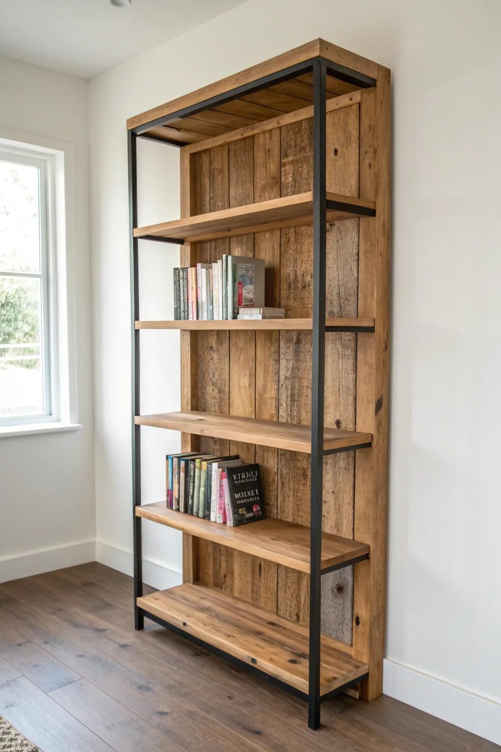 Reclaimed wood shelves, brushed smooth—rustic knots meet calm Scandinavian office style.