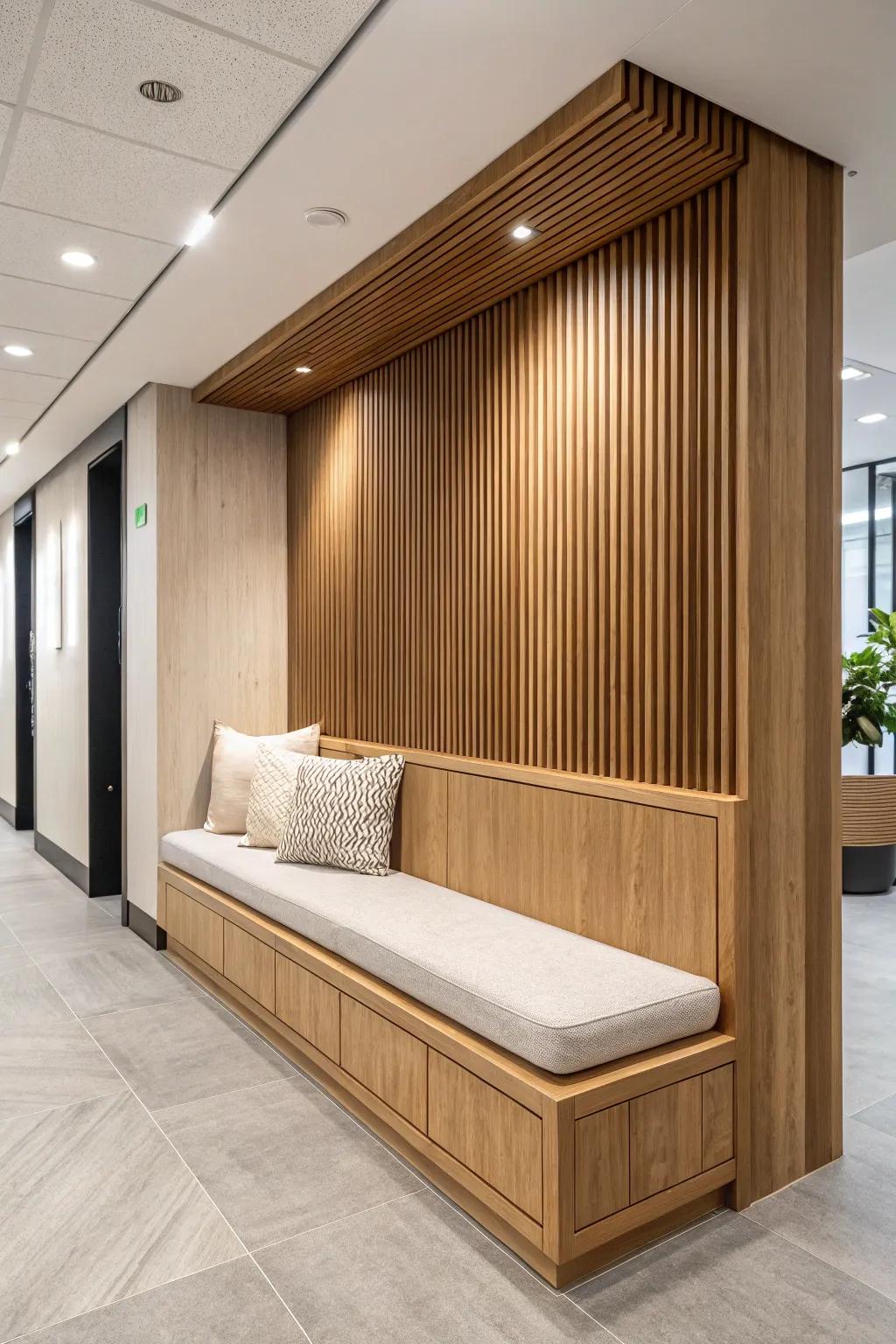 A calm acoustic wood-panel nook that turns a loud lobby into a cozy mini room.