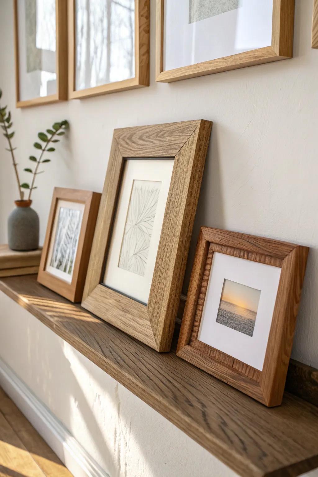 Thrifted wood frames, refinished to match your shelves—an instant gallery wall glow-up.
