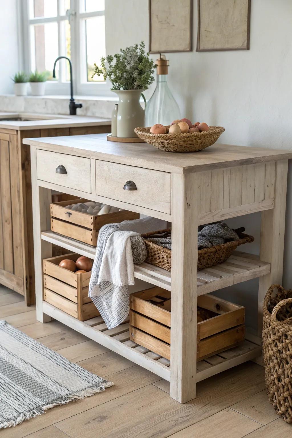 Rustic wood crates under the island—farmhouse charm with tidy, grab-and-go storage.