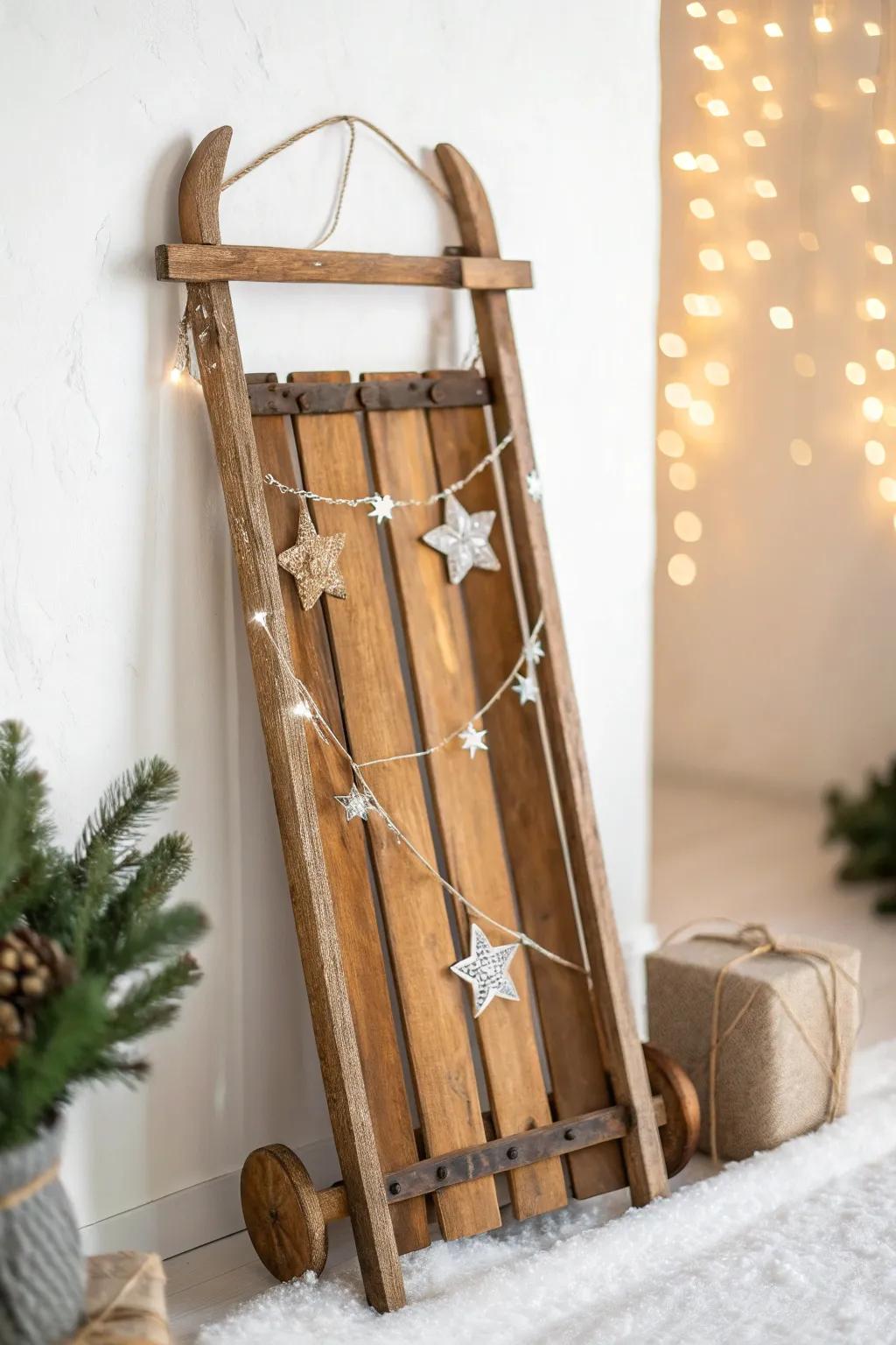 Vintage sled with star and mitten cookie cutters—simple, cozy charm with handmade flair.