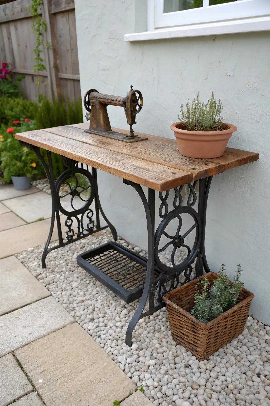 Treadle sewing base potting bench with cedar top—rustic, minimal, garden-ready charm.