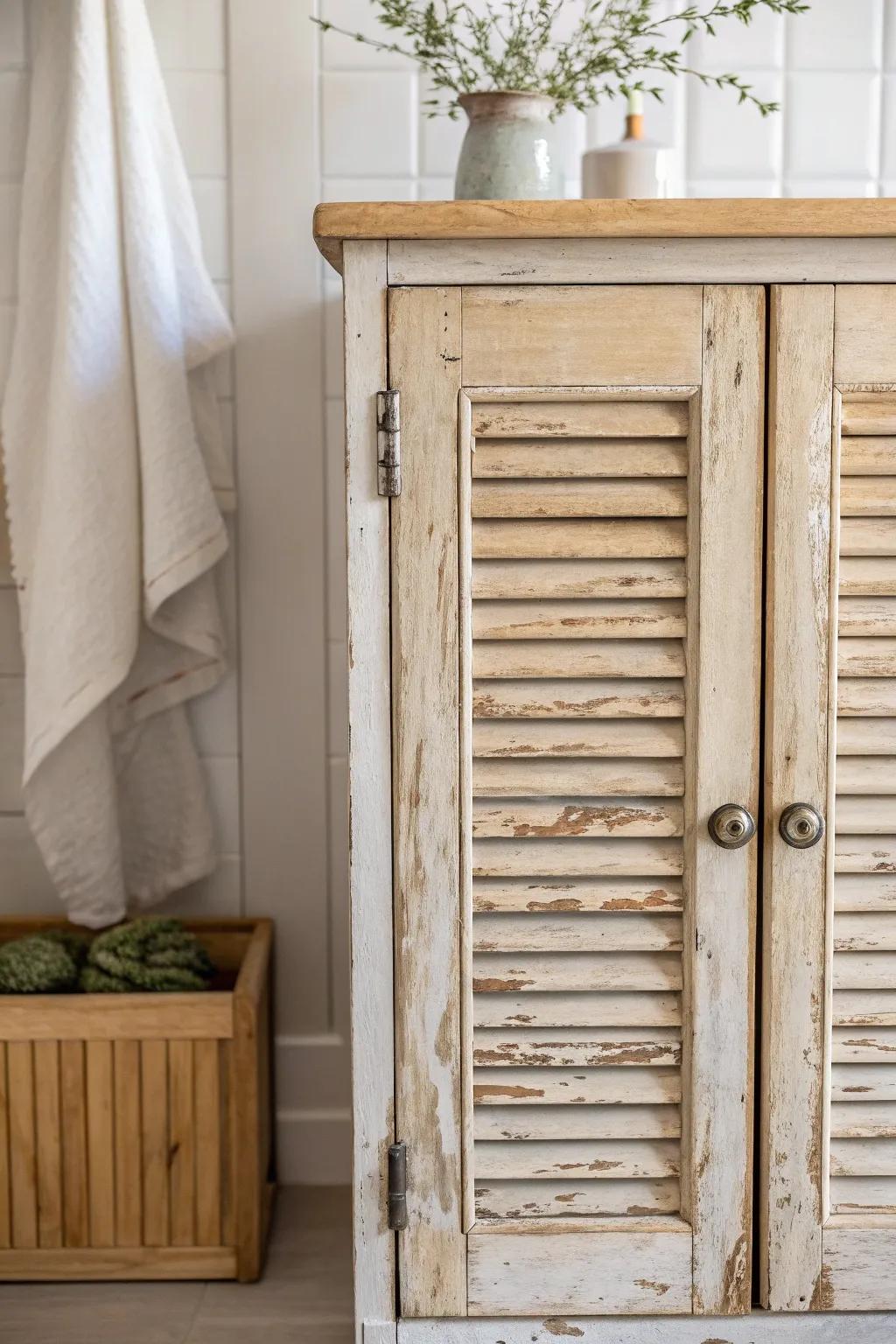 Salvaged shutter cabinet door—Mediterranean texture meets clean Scandinavian calm.