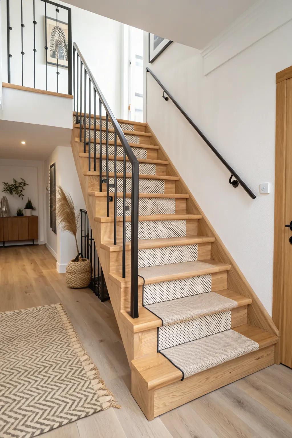 Tailored herringbone carpet treads on an open oak staircase—minimal, warm, and custom.