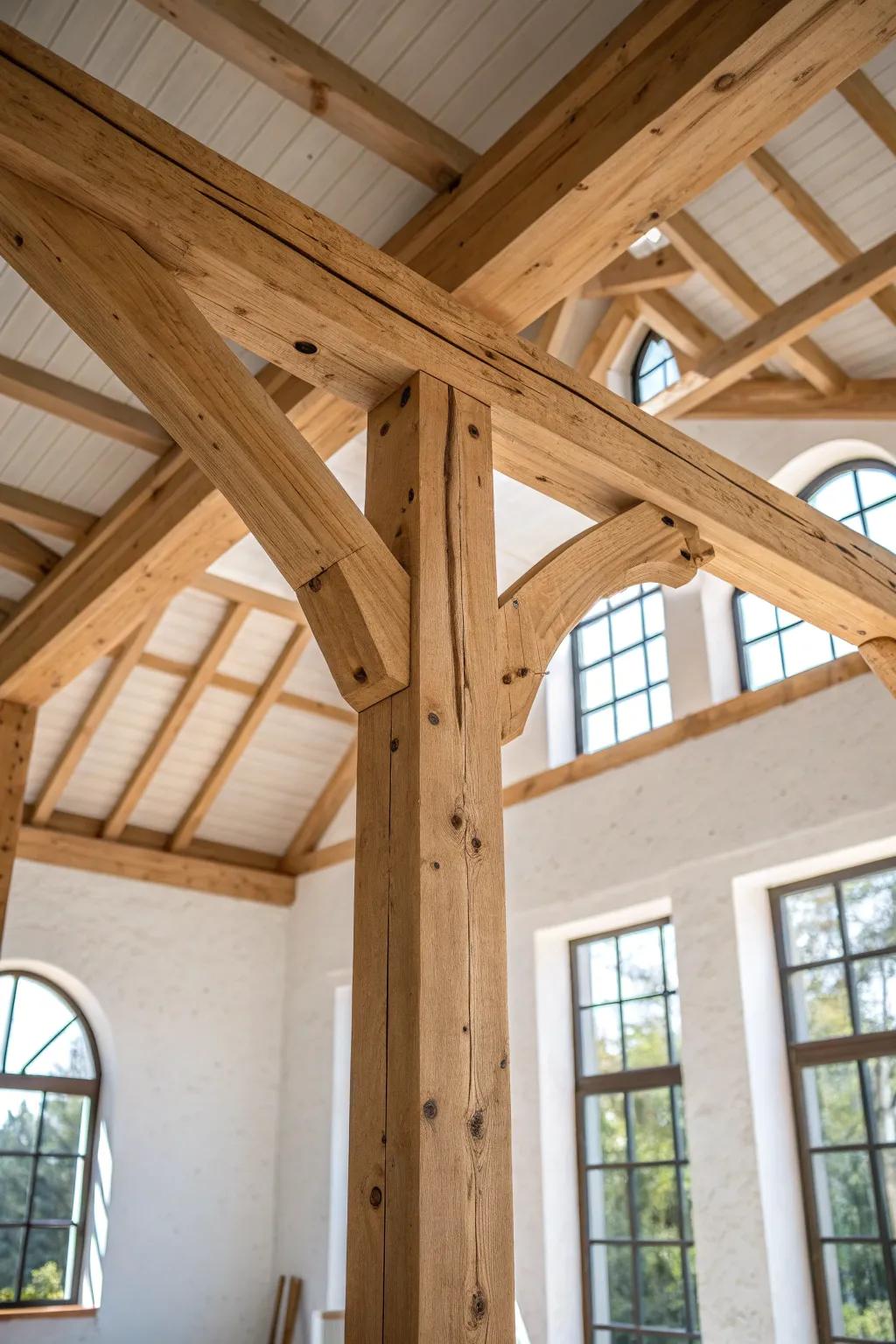 Clerestory light turns a simple wood truss into art—clean lines, warm shadows, calm.