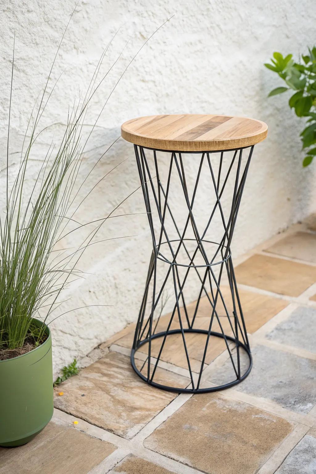 Wire frame meets warm wood—an outdoor plant stand that looks luxe and stays weather-ready.
