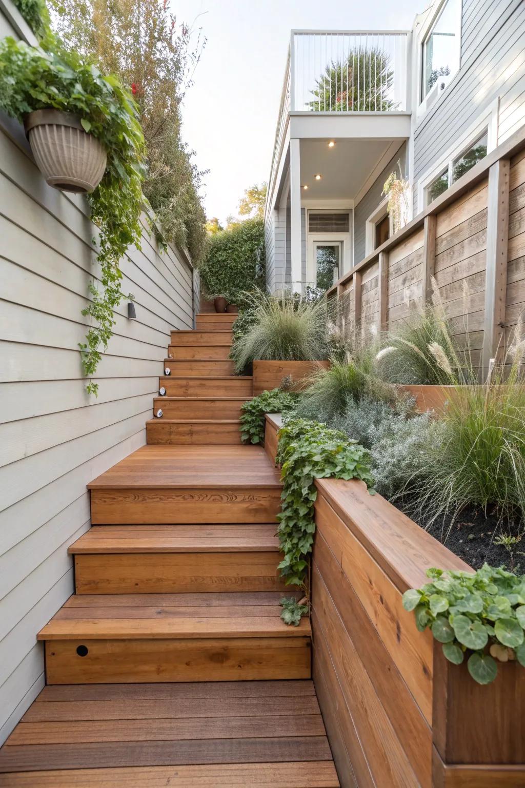 Planter-sided outdoor stairs: warm wood steps framed by lush greenery for a soft, crafted look.