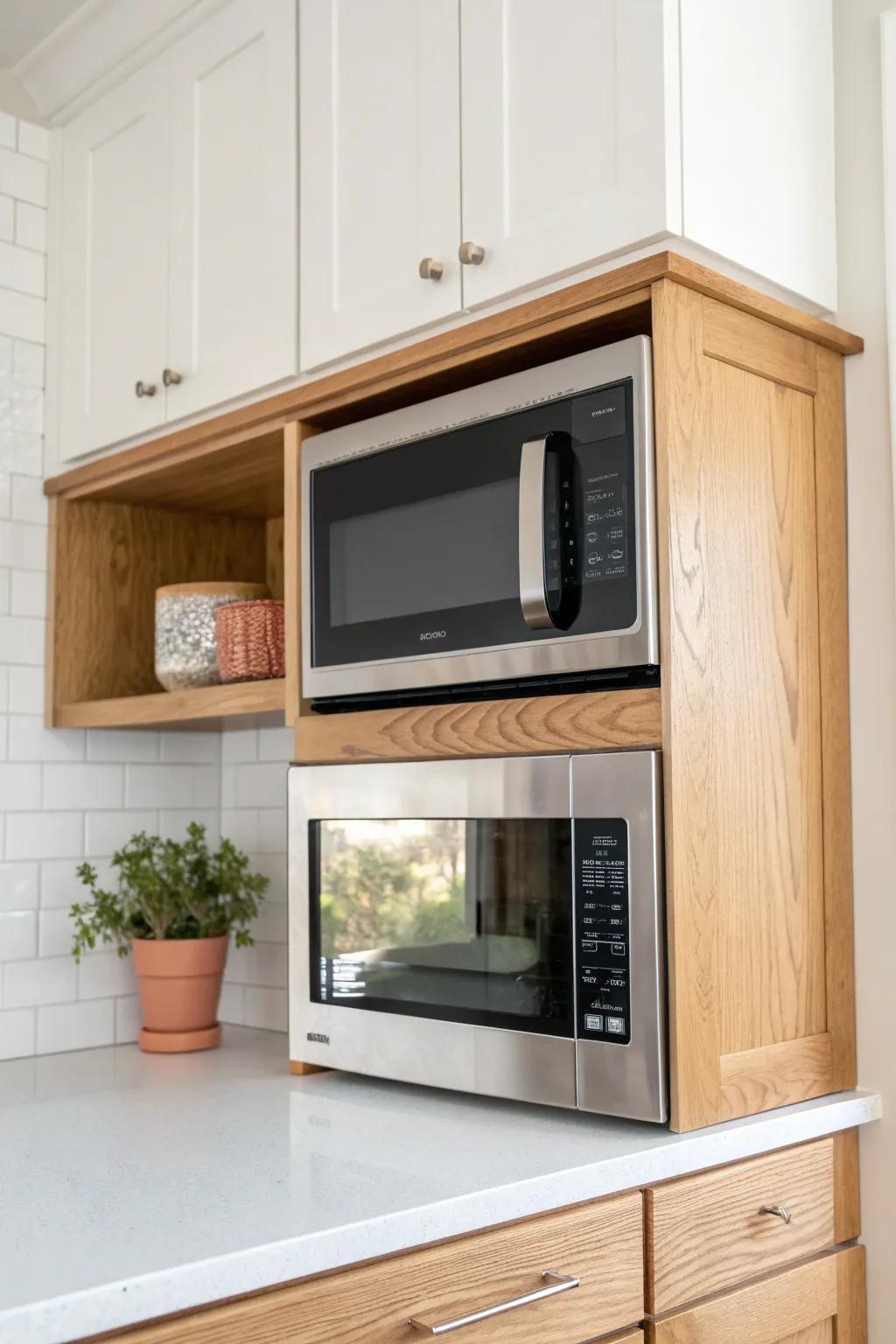 A mini mantel shelf above the microwave adds cozy farmhouse charm—simple, styled, and practical.