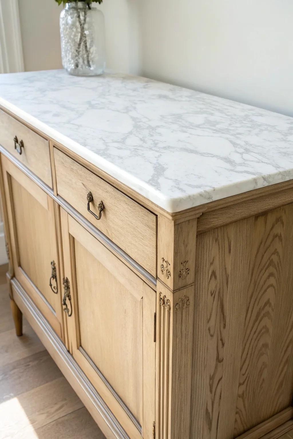 Faux marble paint transforms a scratched buffet top into a high-end, sealed statement.
