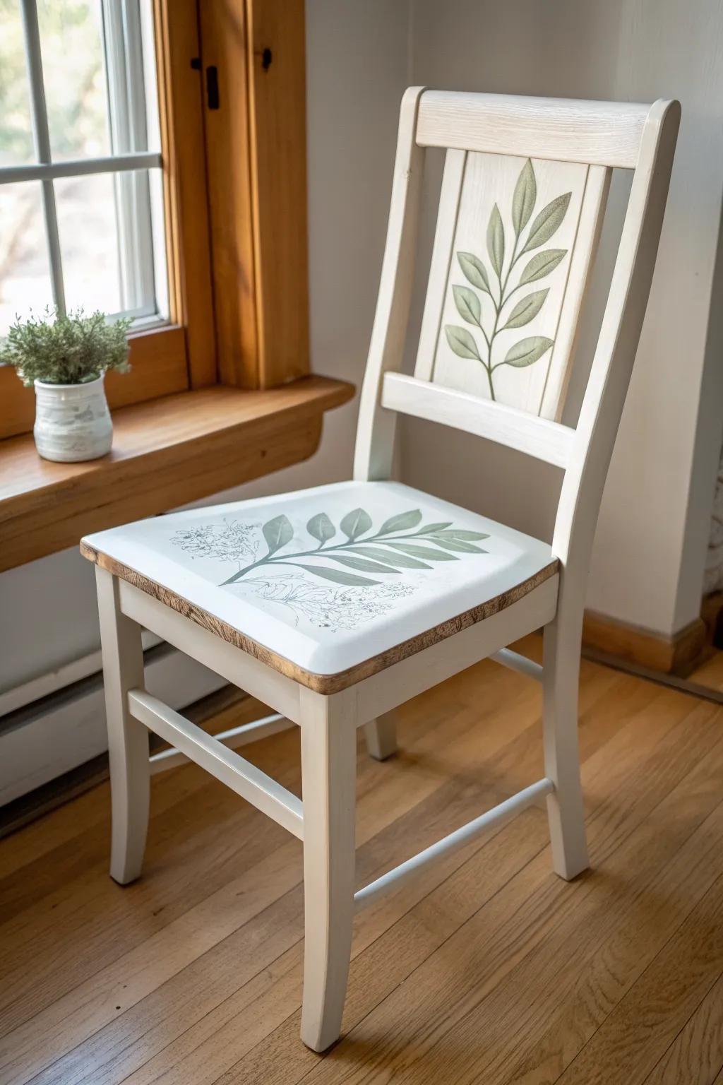 Botanical stencil seat detail—an easy painted-chair upgrade that hides wear and looks handmade.
