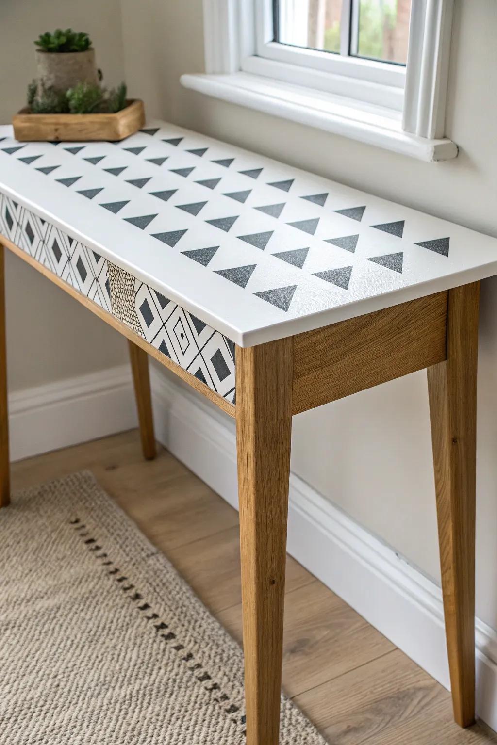 Geometric stencil + clear topcoat turns a simple console table into custom-looking furniture.