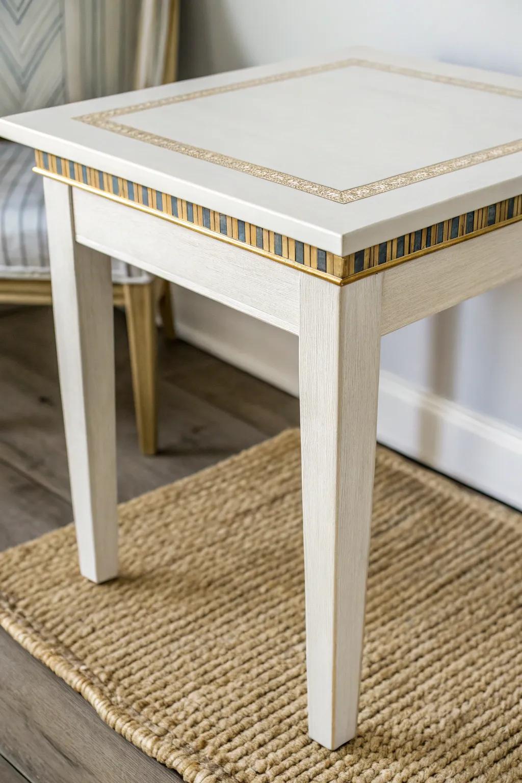 Painted faux inlay stripes add a luxe, tailored edge to a simple end table in minutes.