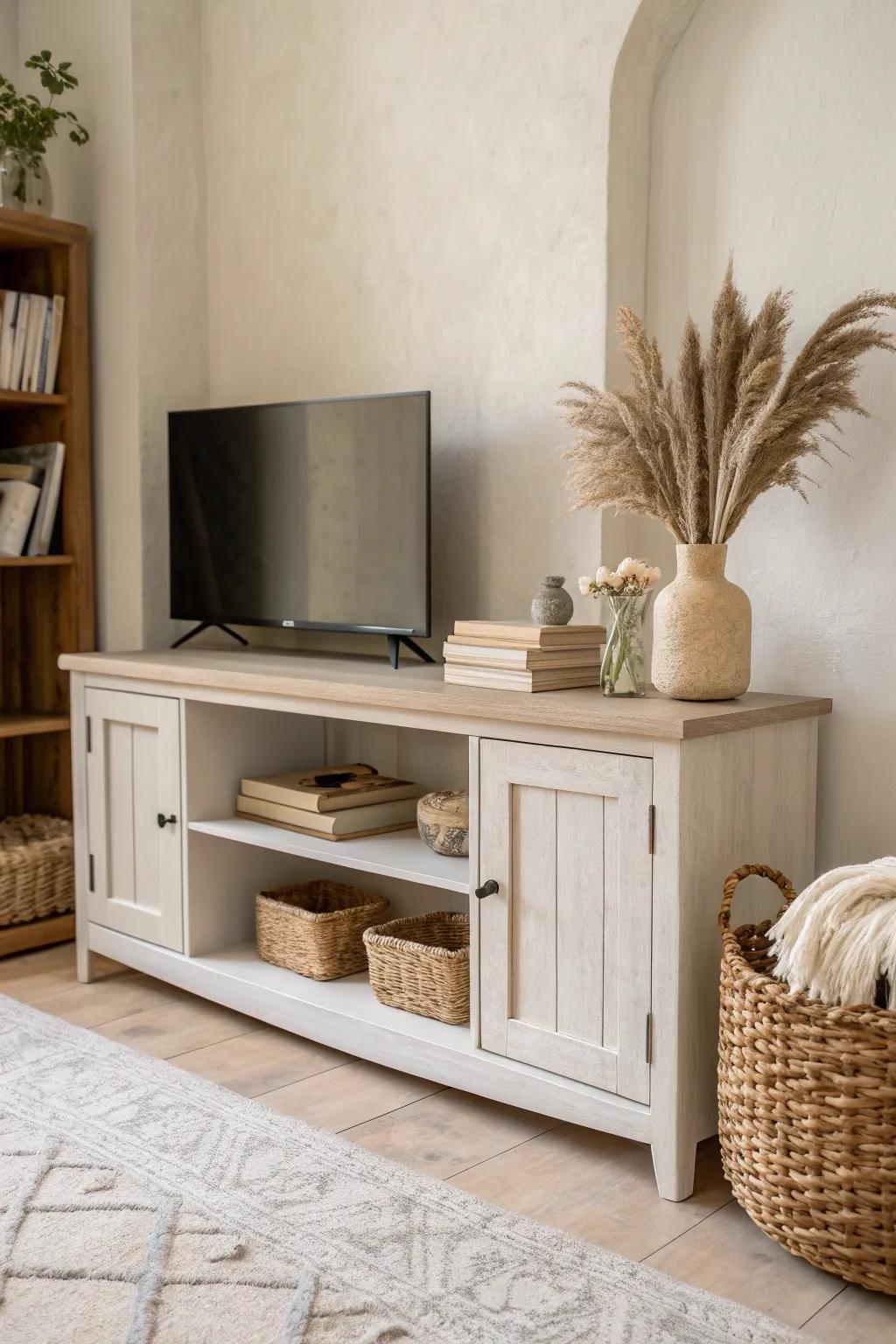 Neutral outside, dusty-clay cubbies inside—an up-close detail that makes every shelf feel curated.