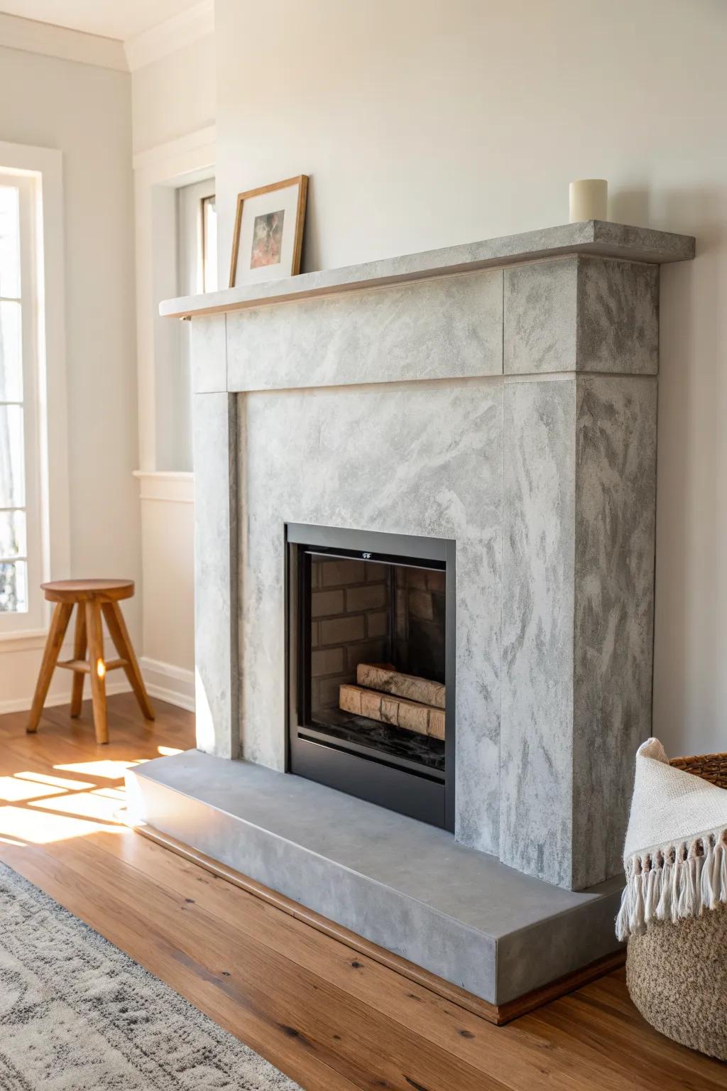 Faux-concrete painted surround: modern edge, cozy wood tones, and artisan texture.