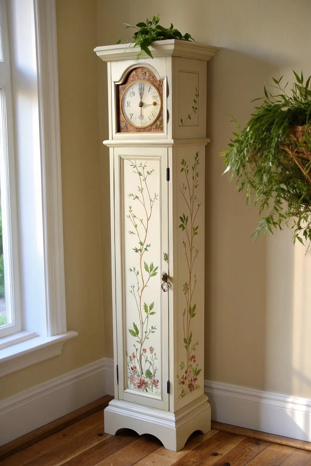 Botanical vines hand-painted on a classic grandfather clock for a softer, artsy statement.