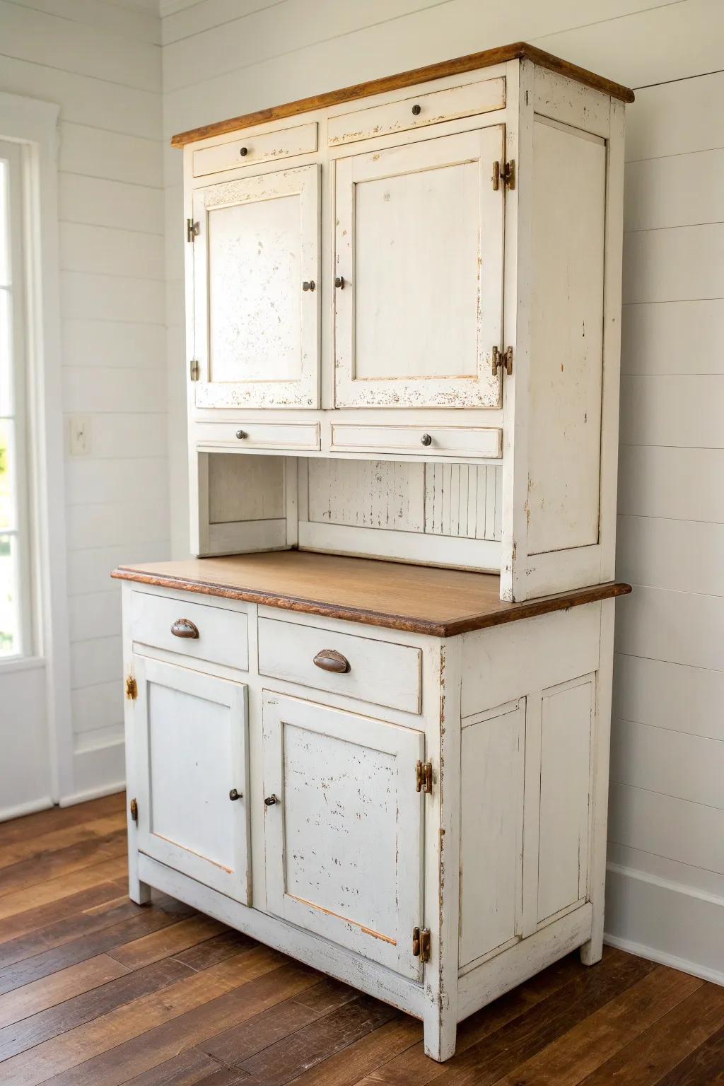 Chippy milk-paint Hoosier cabinet—intentional wear on edges and knobs for old-world charm.
