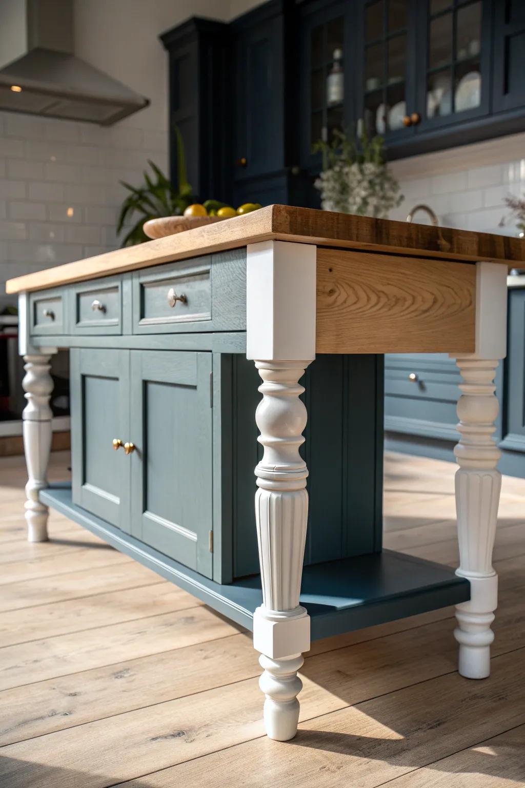 Turned legs + a deep painted island make it feel like furniture—bold color, timeless craft.
