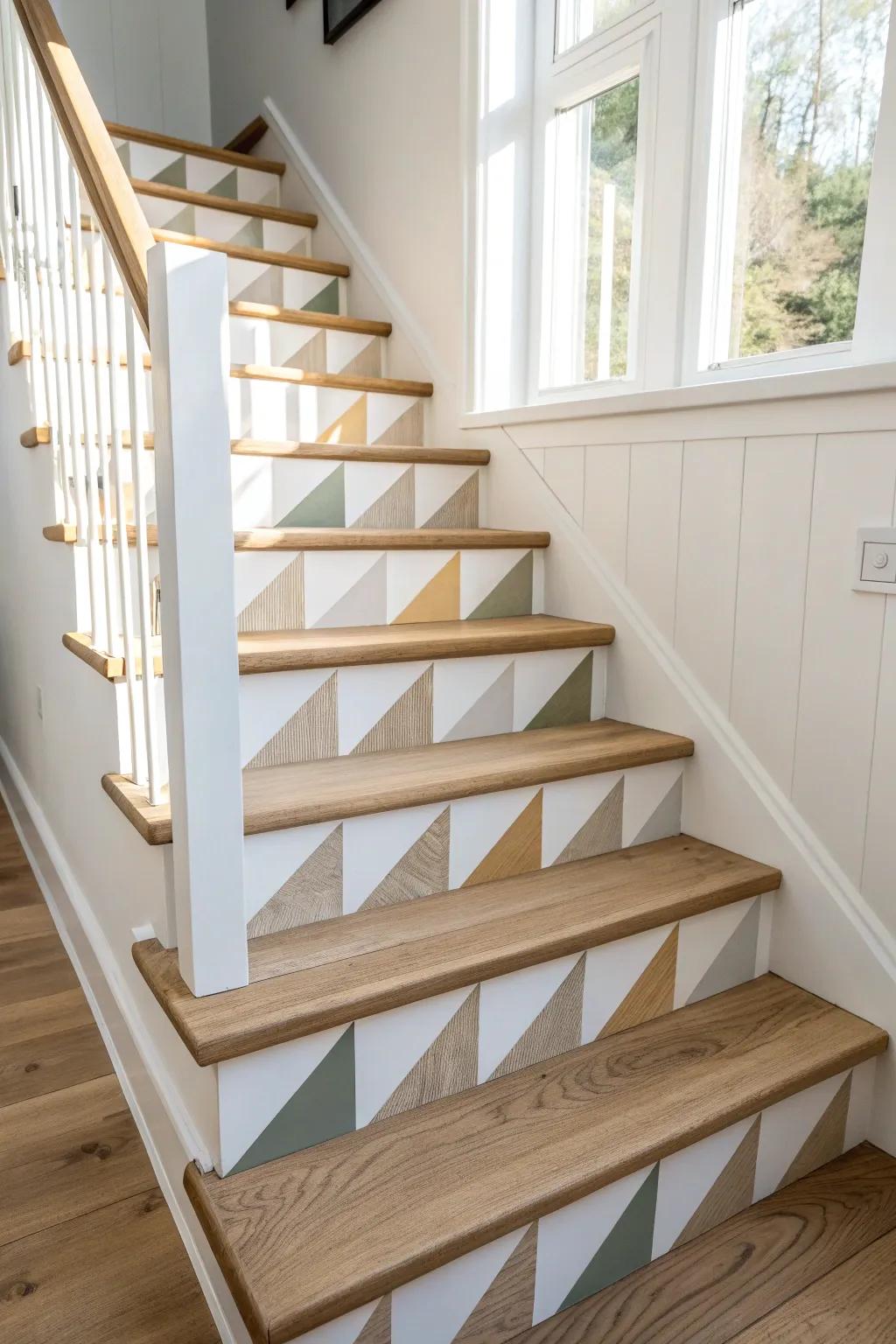 Crisp taped triangles on stair risers in soft neutrals—modern, clean, and designer-calm.