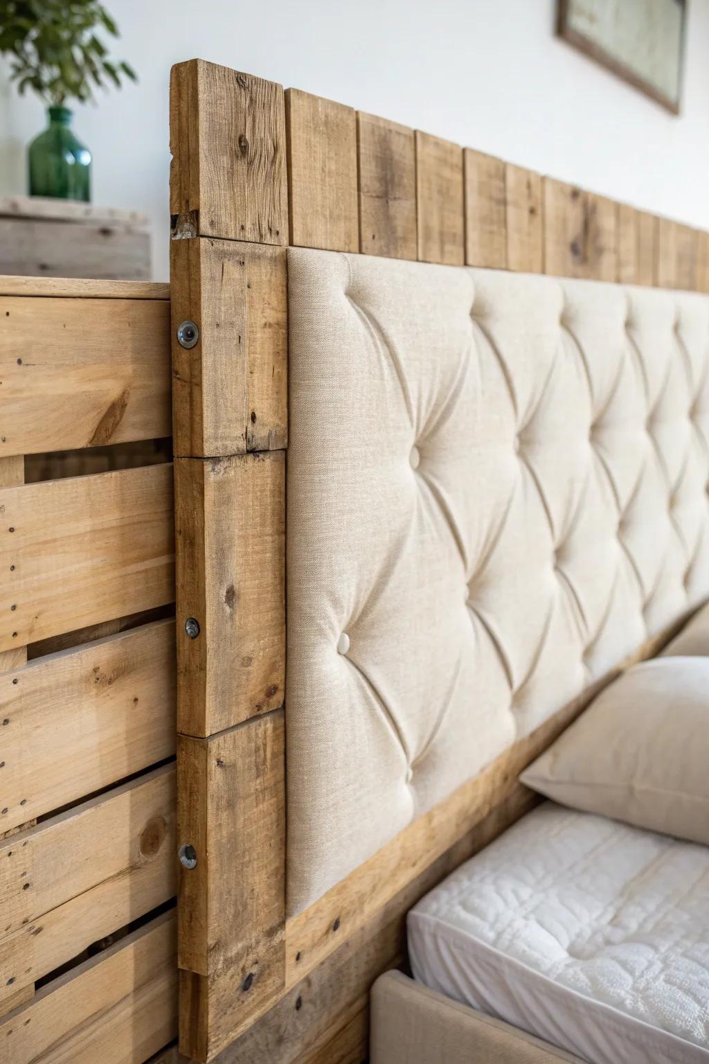 Rustic pallet wood meets soft linen—this fabric-padded headboard is made for cozy leaning.