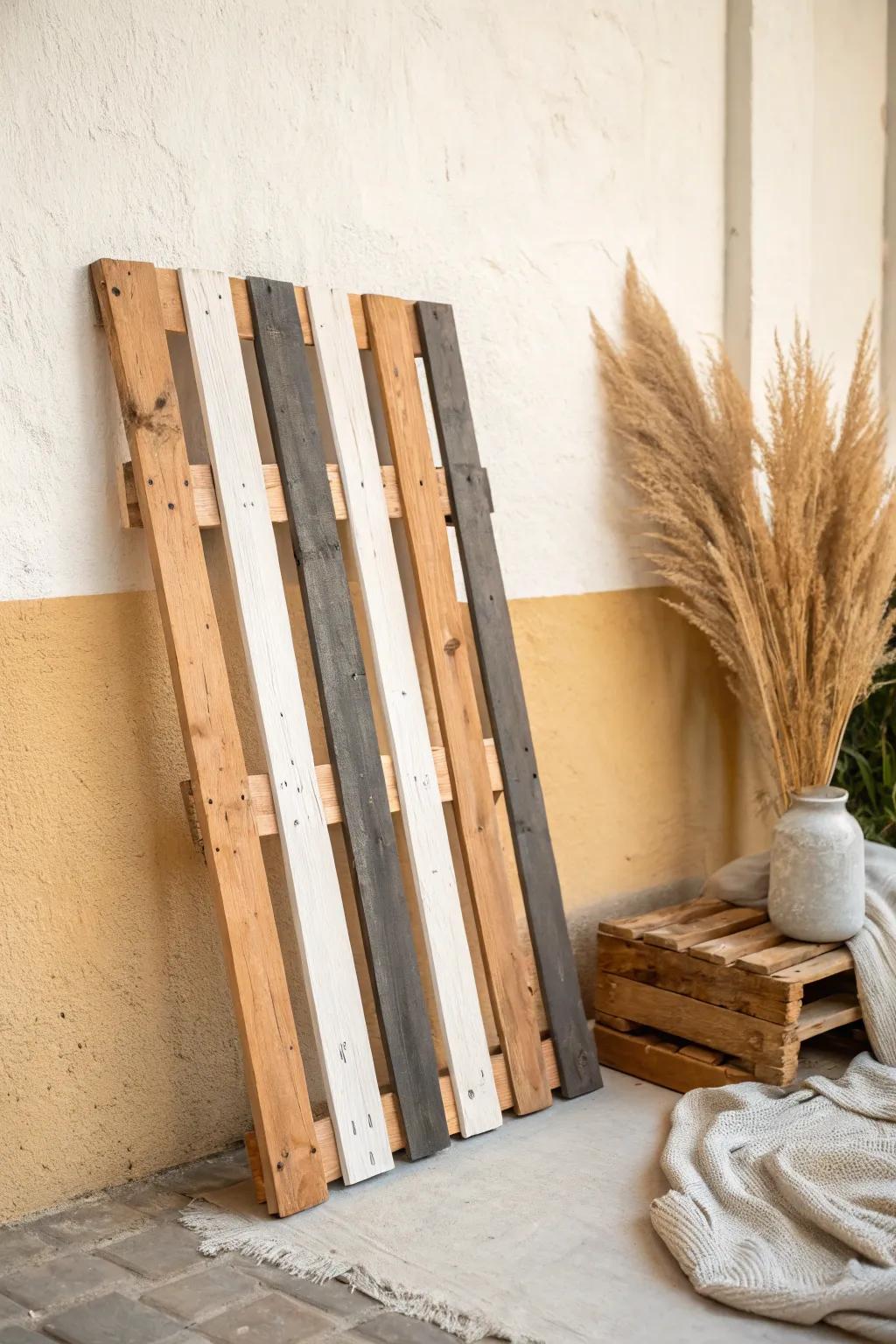 Color-block a pallet in warm white, charcoal, and terracotta for modern farmhouse charm.