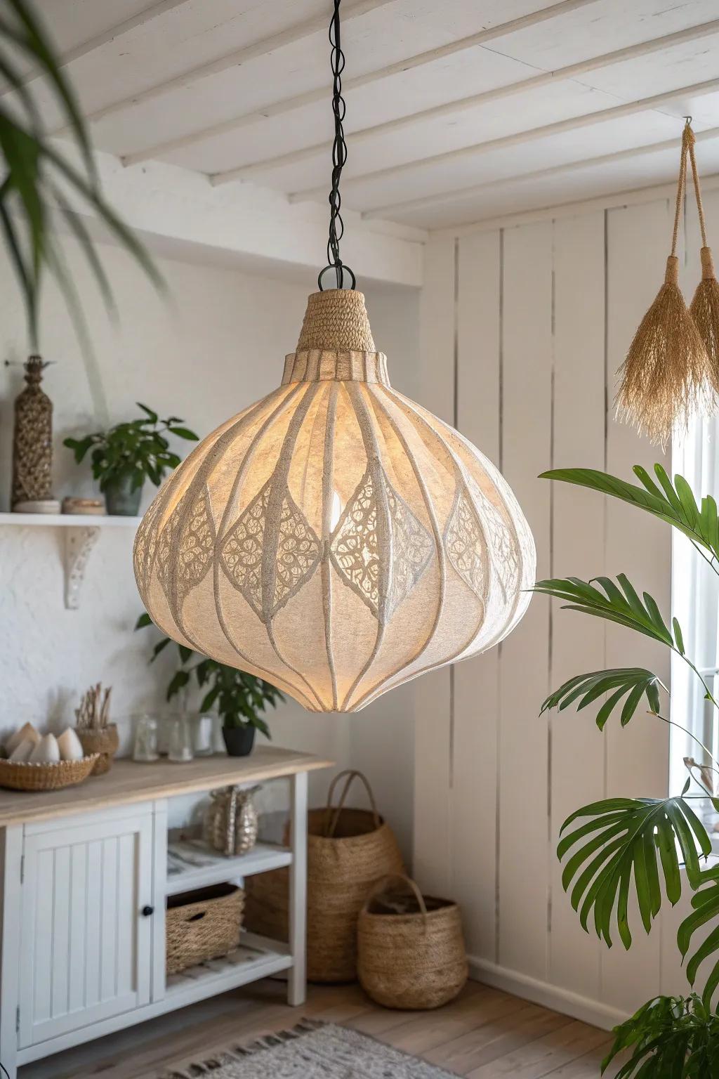 Illuminate your space with the natural charm of a handcrafted paper mache pendant light.