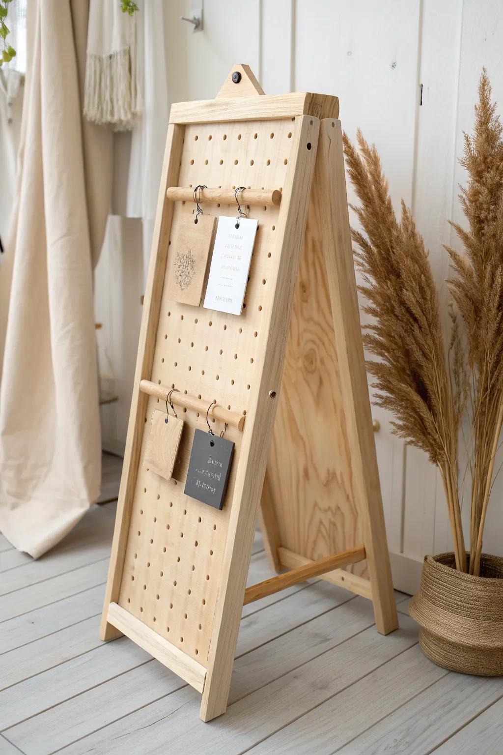 Fold-flat A-frame pegboard display—craft fair ready, minimalist, and beautifully handmade.