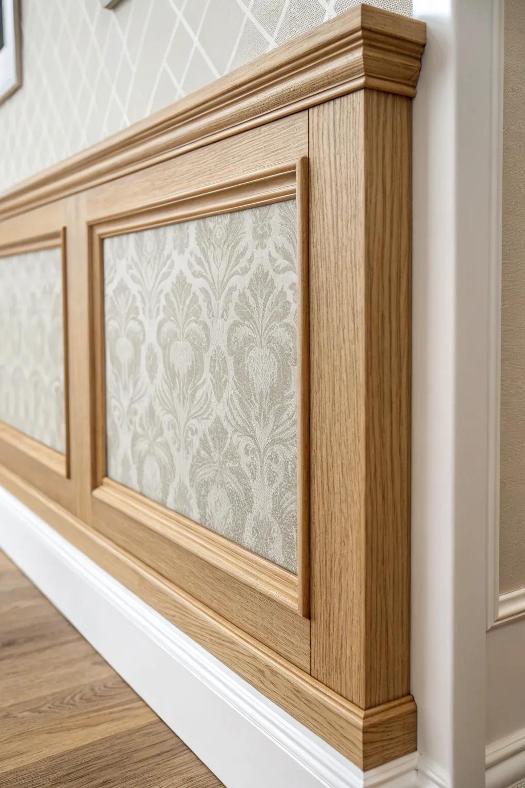 Wallpaper-lined picture-frame wainscoting turns one wall box into a clean, boho art panel.
