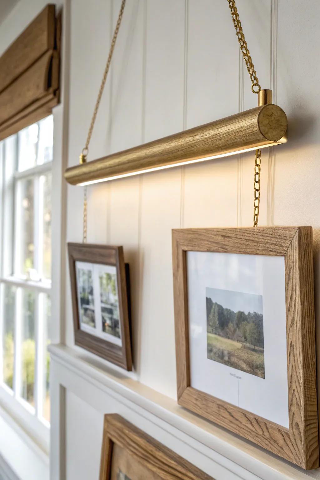 A suspended brass picture light on an oak rail adds gallery drama—no hardwiring needed.